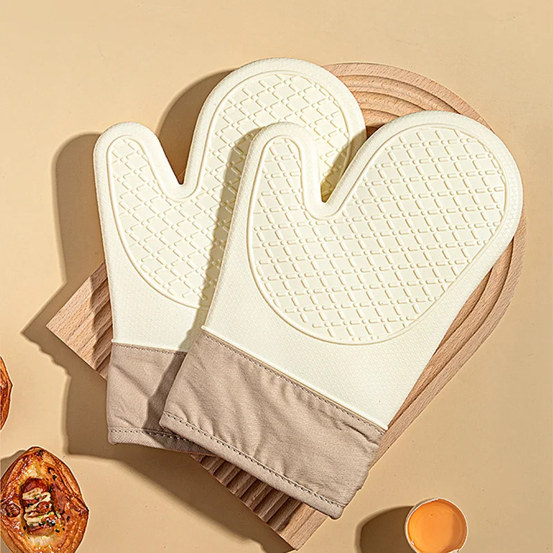 Heat Resistant Silicone Oven Mitts, Thick Quilted Cotton Lining Non Slip Kitchen Gloves