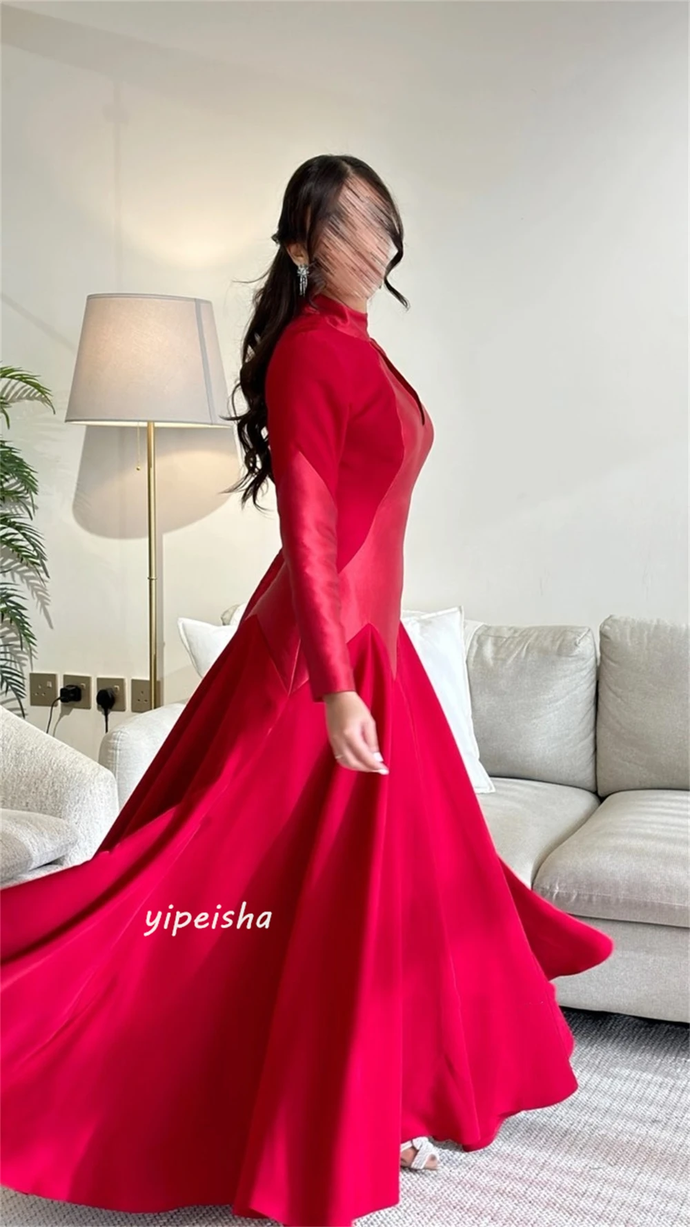 Jiayigong Satin Draped Ruched Evening A-line High Collar Bespoke Occasion Gown Long Sleeve Dresses