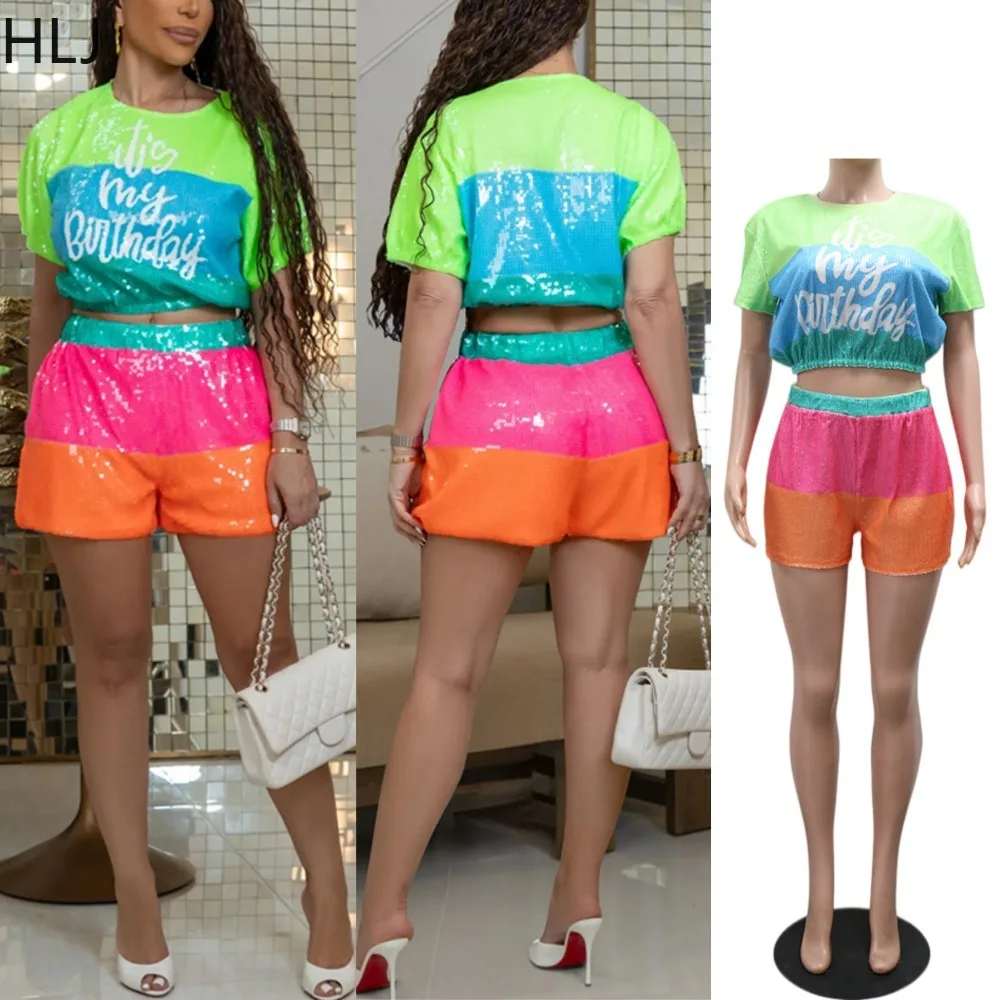 HLJ Sparkly Glitter - Conjunto de pantalones cortos de 2 piezas para mujer, top de manga corta con bloques de color y pantalones cortos, ropa deportiva de verano