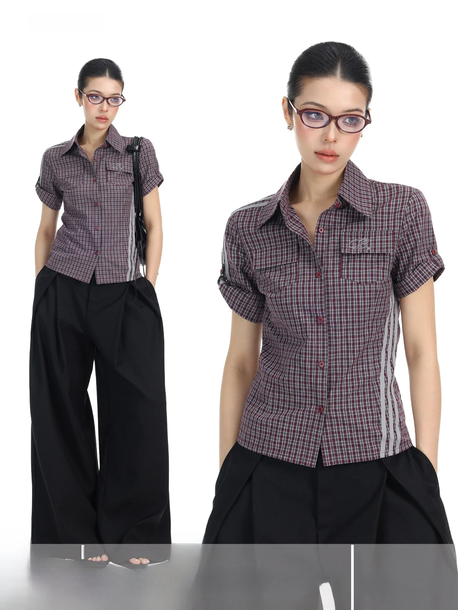 

Slim Fit Plaid ort Sve irt Women's Summer Lightweight College Sle Waist Cinching Slimming Versatile irt Biggold Retro