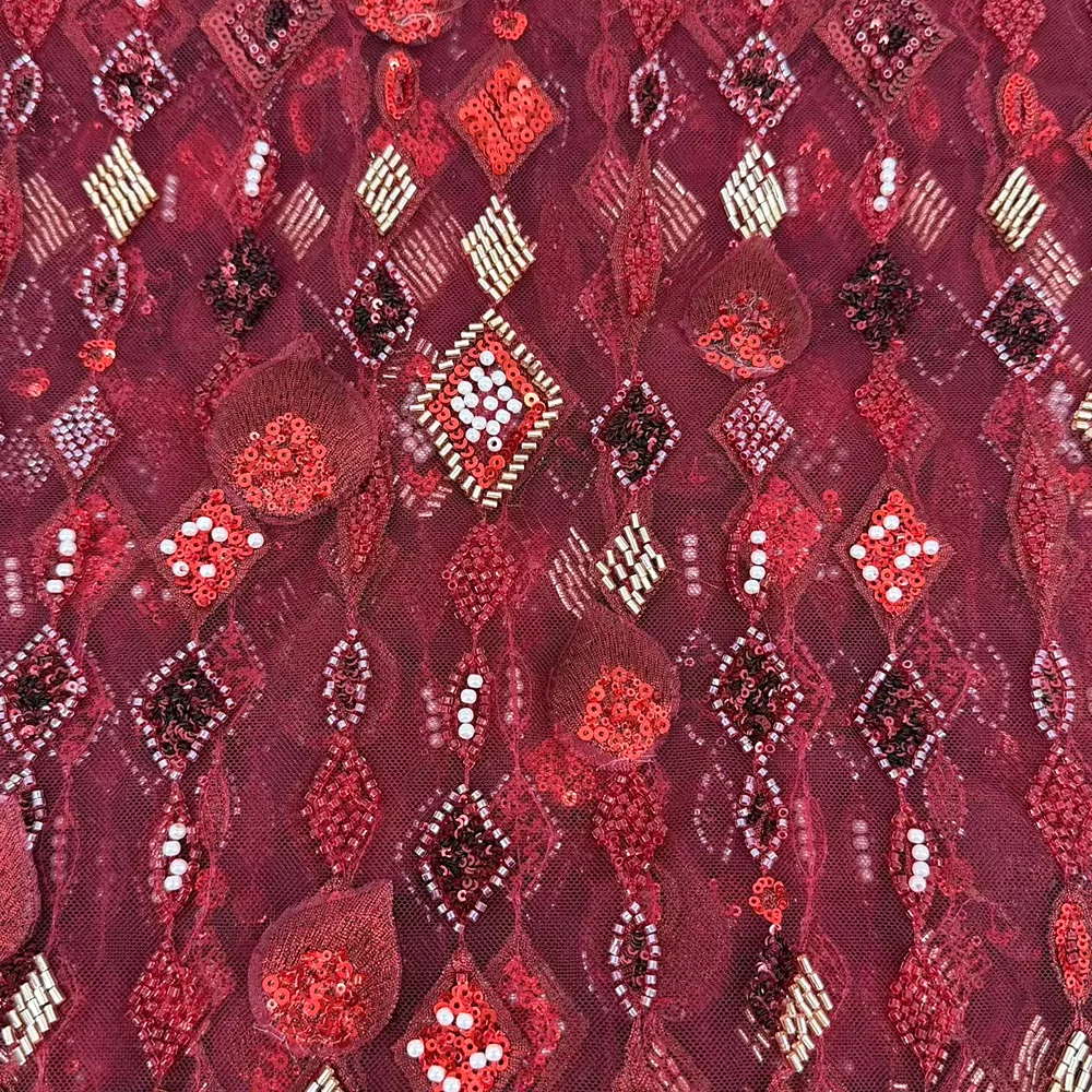 African beaded floral lace fabric French Nigerian sequined embroidery beaded tulle mesh lace fabric wedding party dress sewing