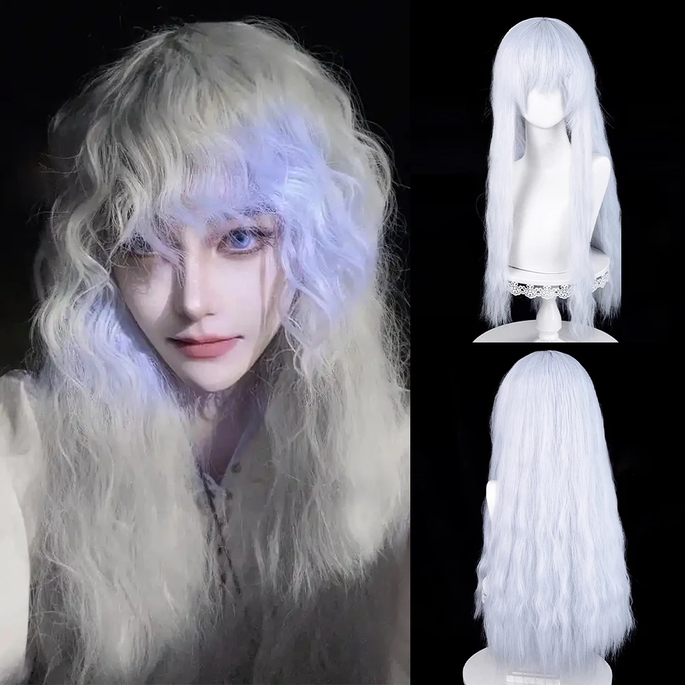 

RANYU Synthetic Long Wavy Curly Blue White Wig with Bangs Fluffy Anime Cosplay Hair Wig for Daily Party
