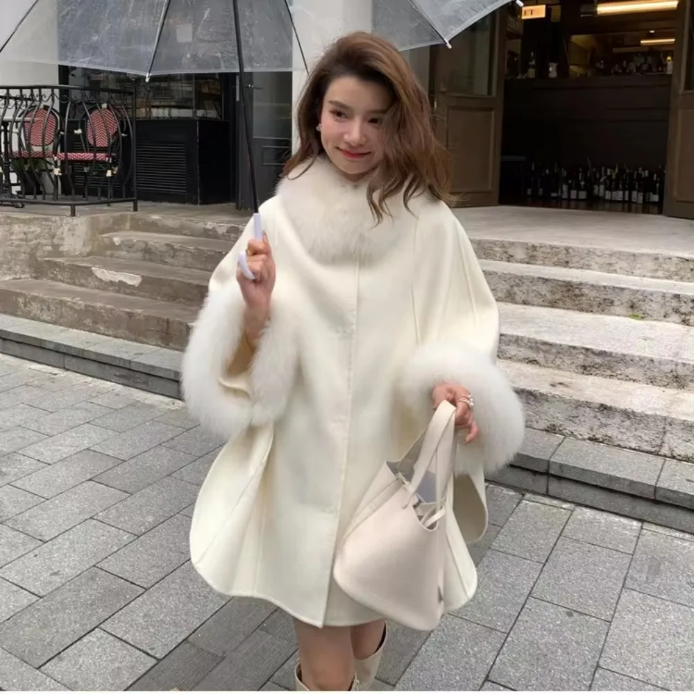 2024 New Autumn Winter Fur Sleeve Detachable Real Fox Fur Collar Coat Wool Women\'s Warm A-line Jacket Luxury Thick Female Coat