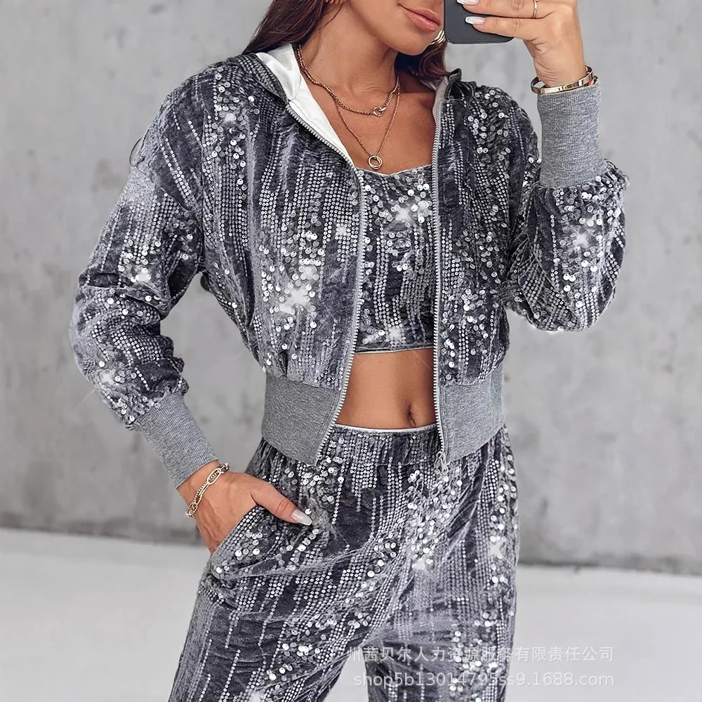 3 Piece Velvet Contrast Sequin Bandeau Top Hooded Sweatshirt Pants with Pockets Tracksuit