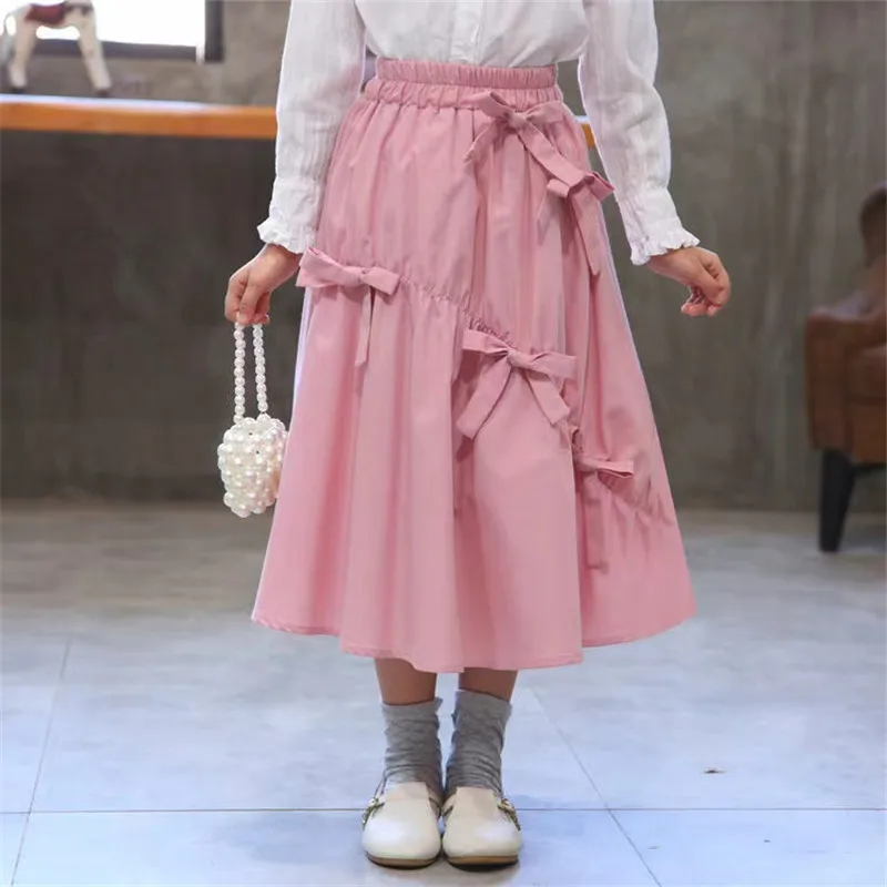 High Waist Bowknot Skirts Girls Sweet 2022 Spring/Summer Kids Long Skirt Comfortable For Children\'s Age 4 6 8 10 12 14 Year Wear