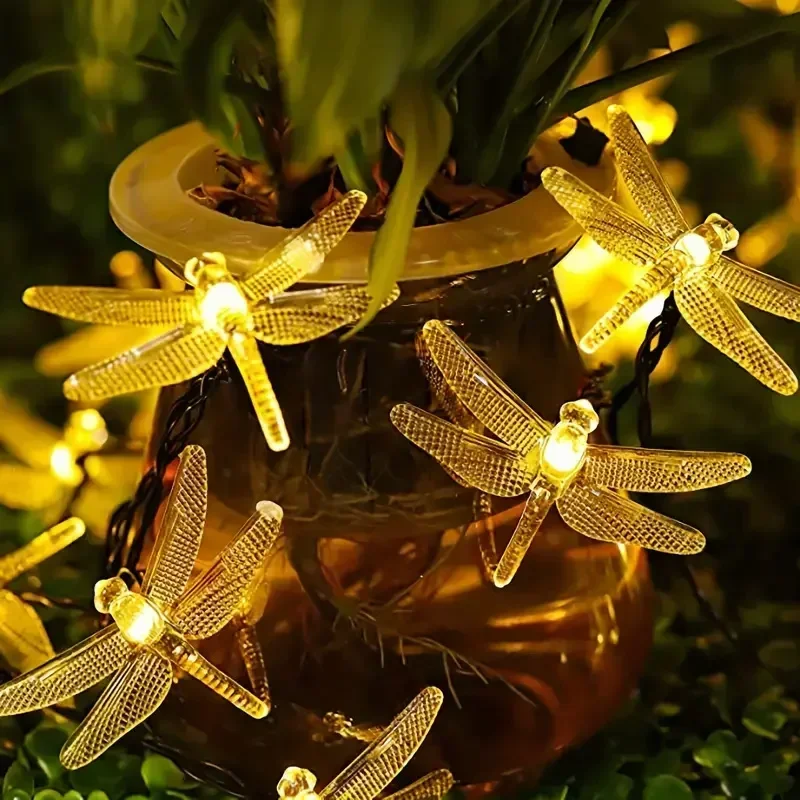 Solar Dragonfly String Lights Outdoor Fairy Lights with 8 Lighting Modes Waterproof Garland Festoon Garden Landscape  Decor Lamp