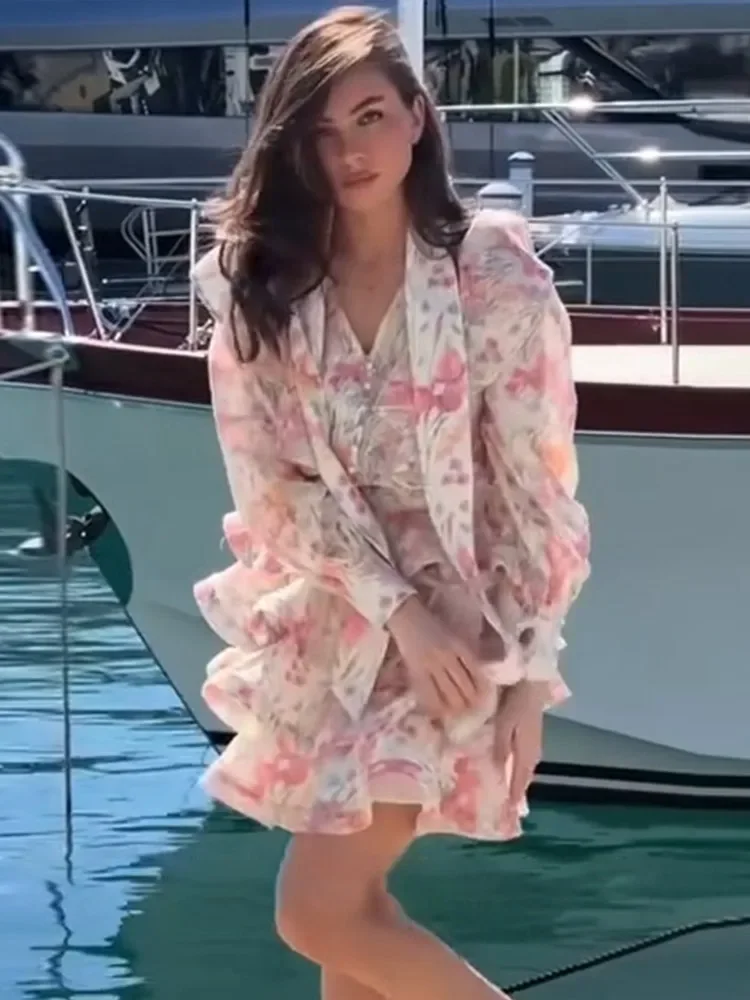 

Elegant Printed Tiered Skirt Sets Bow Lace Up Long Sleeved Single Breasted Shirt Ruffles Mini Skirt Set Vacation Party Lady Suit