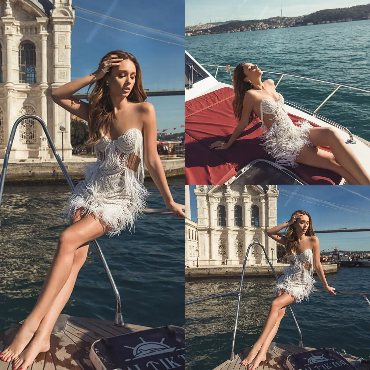 ชุดแต่งงานสีขาวแบบสั้นประดับขนนก ดีไซน์เก๋ไก๋  แบบเปิดหลัง  สำหรับงานแต่งงานริมชายหาด  หรืองานเต้นรำ  สไตล์หวานซ่อนเปรี้ยว