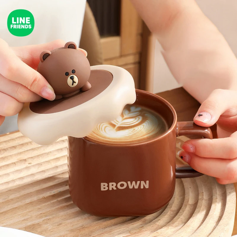 Line Friends Anime Cartoon Brown Choco 350Ml Large Capacity Ceramic Mug with Lid Kawaii Couple Coffee Cup Children's Milk Cup