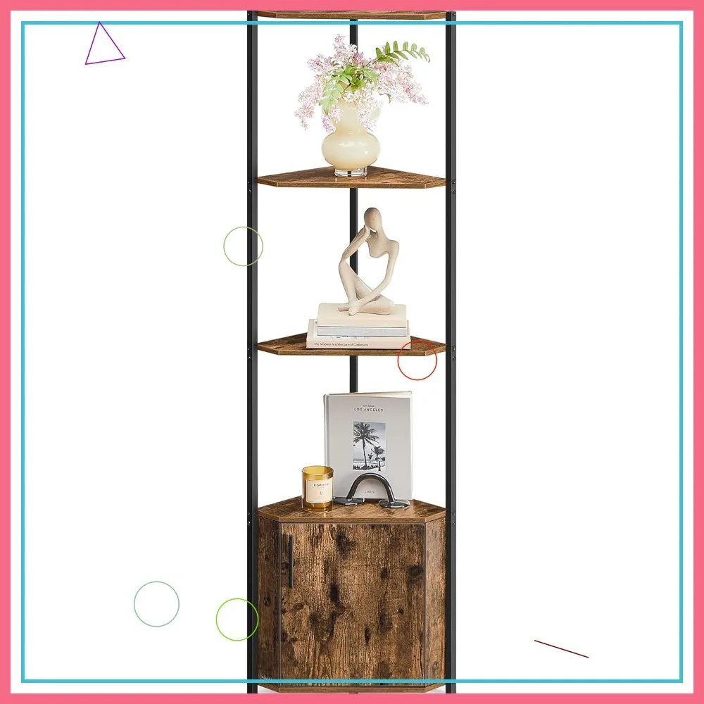 

5-Tier Corner Shelf with Storage, Rustic Brown & Ink Black, for Living Room, Bedroom, Kitchen, Bathroom