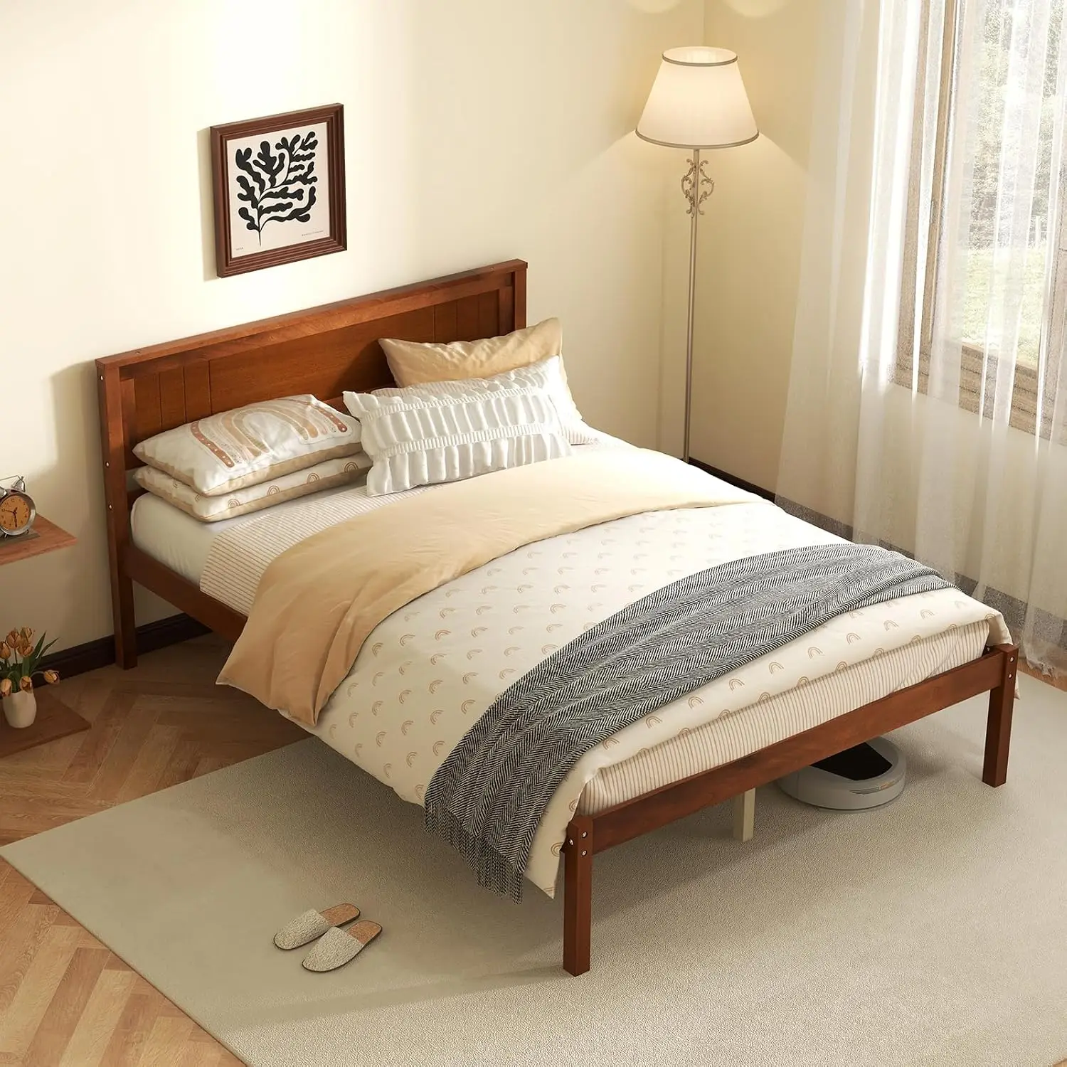 Full Size Wood Platform Bed Frame with Headboard & Slat Support, 7-Leg Base, Under Storage, 16-Inch Foundation, No Box Spring Ne