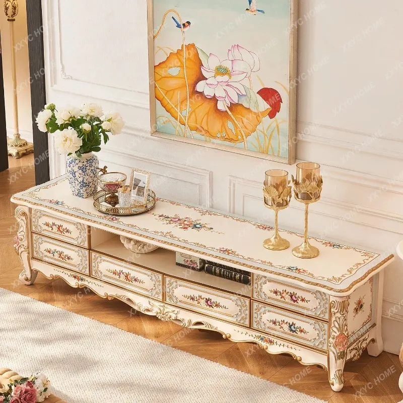 XX hand-painted rose palace gold painting living room home all solid wood luxury carved villa long TV floor cabinet