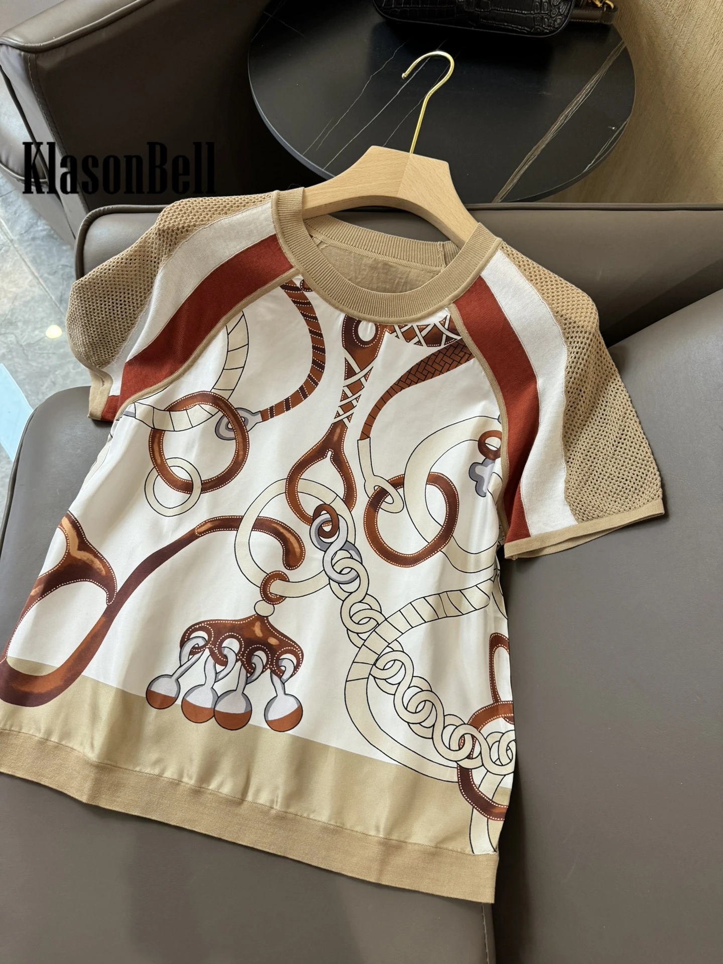 2.27 KlasonBell 2024 New Simple Comfortable Women Clothes Silk Chain Print Spliced Hollow Out Knit Cotton Short Sleeve T-Shirt