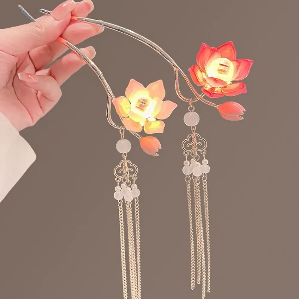 Alloy Lantern Hairpin Flower Glowing Lotus Tassel Hair Stick Hair Sticks for Buns Luminescent LED Light Hair Fork