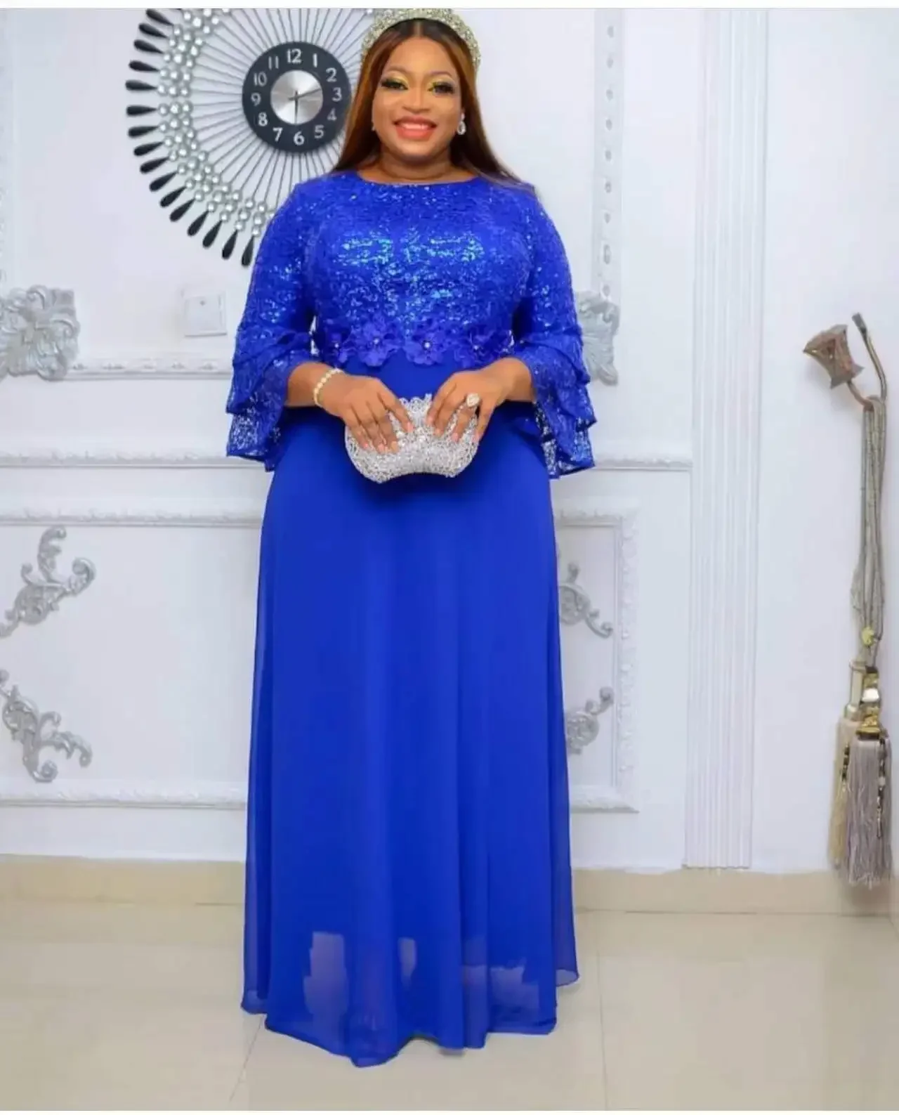 Customized African Wedding Party Dreses for Women Spring Autumn African Short Sleeve V-neck Polyester Green Pink Red Long Dress