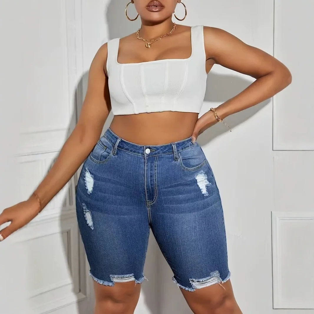 Women's Ripped Denim Shorts New Summer Female High Waist Distressed Frayed Hem Slim Jeans Plus Size Casual Knee Length Shorts