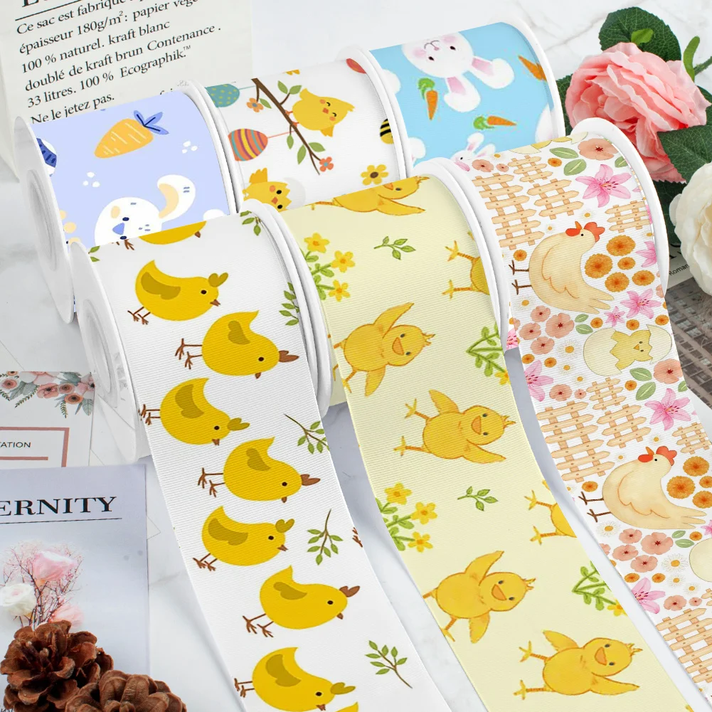 Spring Easter Day Chick Rabbit Cartoon Printed Grosgrain Ribbon for Cheer Bows DIY Girl Headwear Hair Bows Satin Ribbon