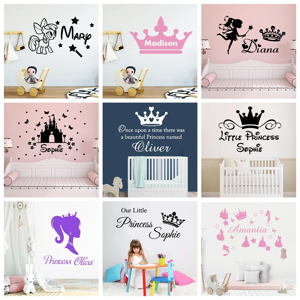 

1 pc colorful fairy castle princess customize name Vinyl Wallpaper Roll Furniture Decorative For Kids Rooms Decoration Decals