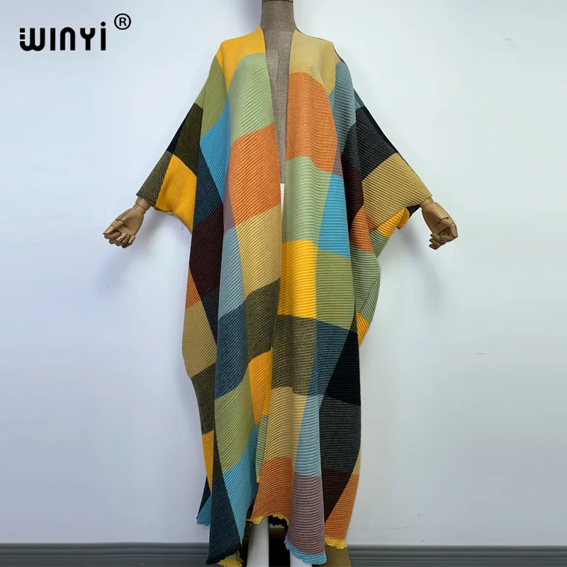 

WINYI winter stripe printing cotton Pleated dress Beach Wear elegant Africa women Cardigan Hot Bohemian holiday party Kimono