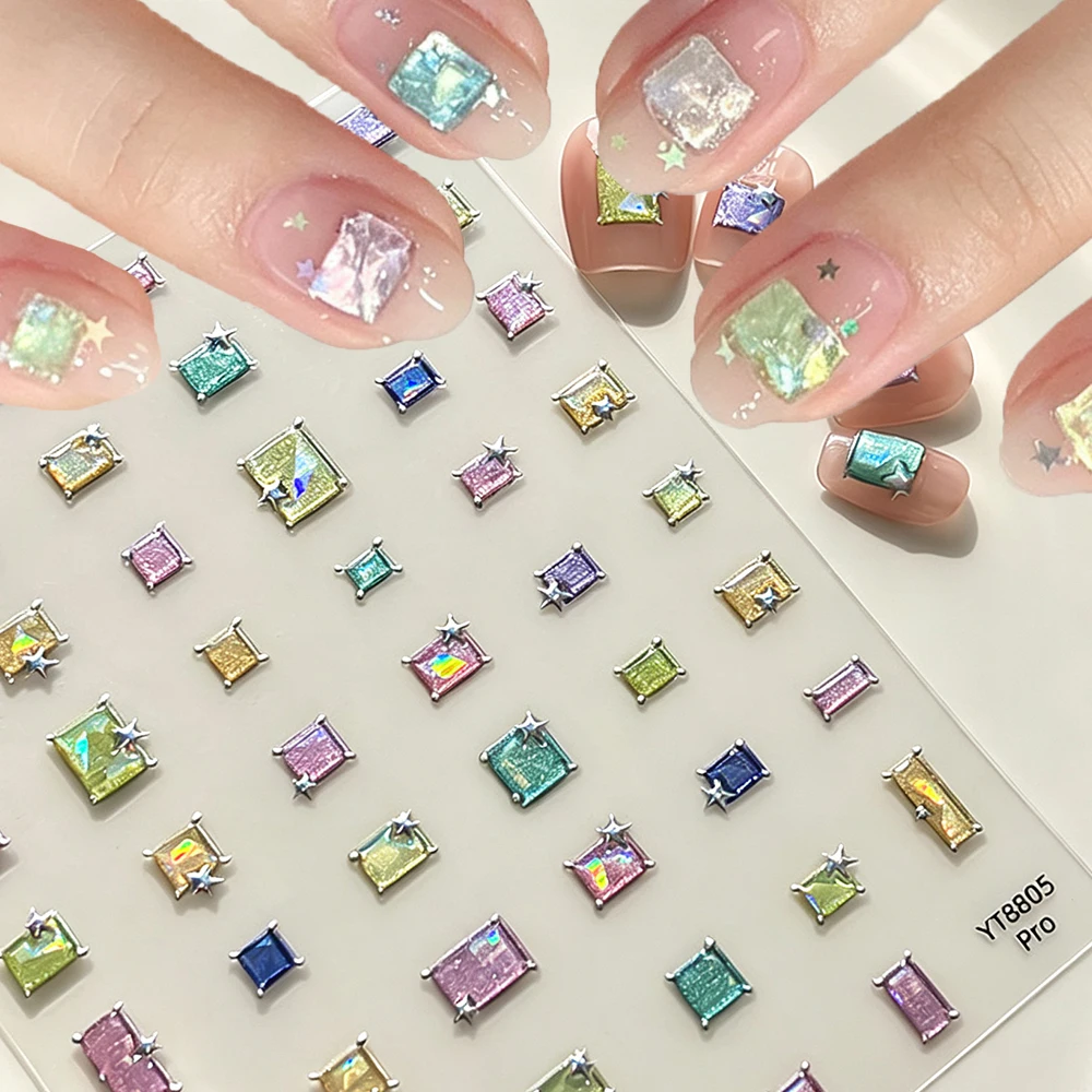 5D Holographic Glitter Square Star Gem Nail Sticker Shiny Rectangular Stars Self-Adhesive Nail Decals DIY Nail Art Decorations