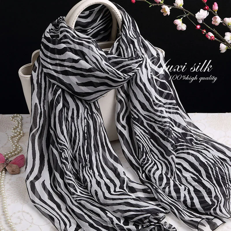 

High Quality Black and White Zebra 100% Silk Long Scarf Shawl Women's Spring, Autumn Winter Summer