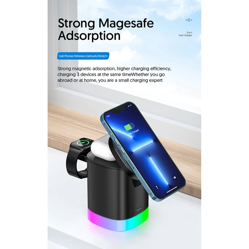 Светодиодная подсветка 3 в 1 Магнитное беспроводное зарядное устройство для серии Pro/Iwatch Зарядное устройство для телефона 15 Вт для Iphone 14/13/12 X