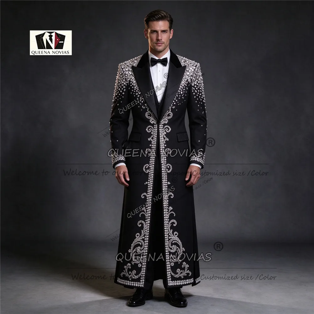 Exquisite Men's Suit Set For Wedding Brilliant Beaded Stones Single Breasted Groom Blazer Long Man Dinner Party Outwear Overcoat