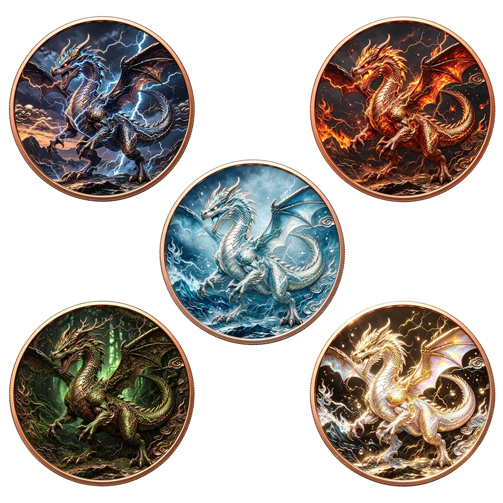 1pc 1 Oz Fine Copper Magical Fantasy Dragon Commemorative Coin Fire Ice Forest Thunder Dragon Souvenir Token Gifts for Display