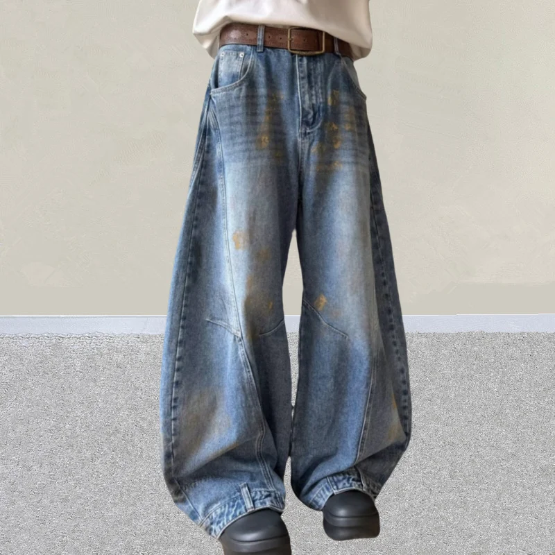2025 Japanese Y2K Fashion Painted Washed Blue Baggy Jeans Pants For Men Clothing Vintage Wide Leg Denim Trousers Pantalon Homme
