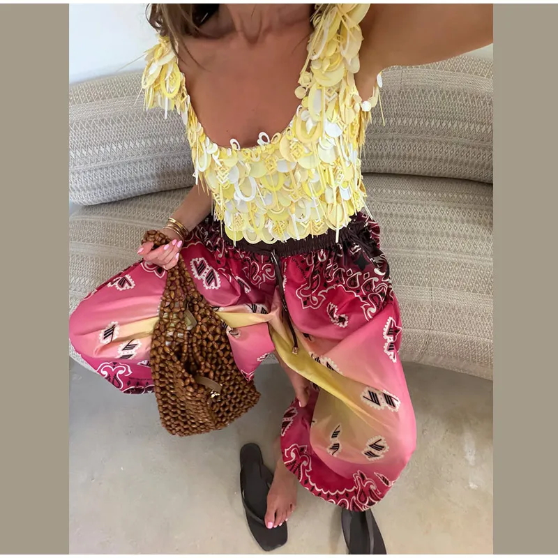 2026 Summer Gradient Contrast Print Harem Pants Oversize Baggy Elastic Waist Boho Trousers Women New Trendy Classy Lady Bottoms