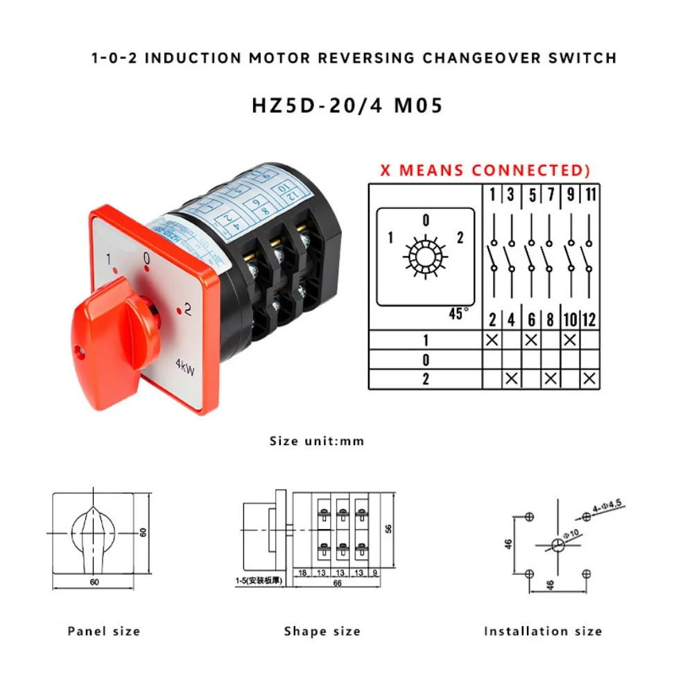 HZ5D 20A Motor Changeover Switch 1-0-2 Reversible Direction Control AC380V 660V Insulation 4-Terminal Terminal Block