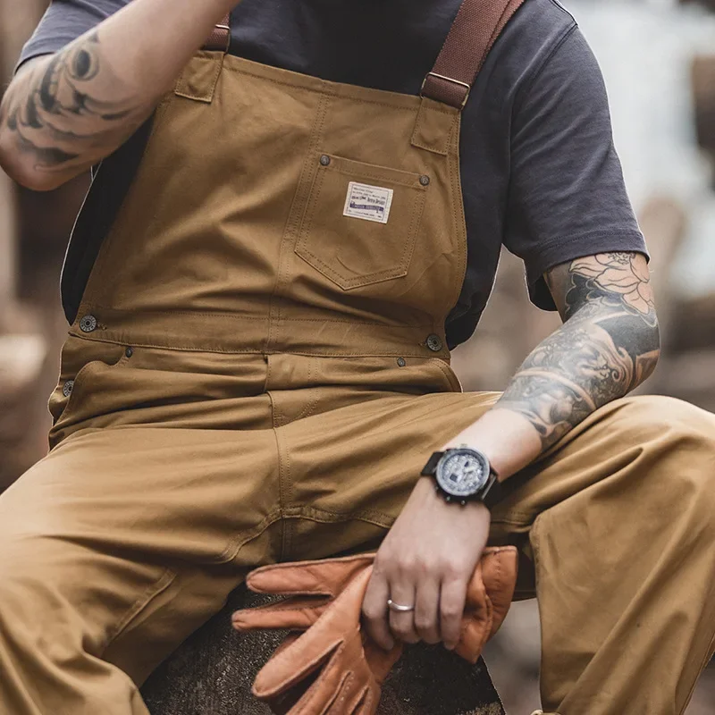 Japanese Vintage Khaki Suspenders Bibs Spring Autumn Canvas Cargo Pants Streetwear Men Rompers Full Length Trousers Jumpsuits