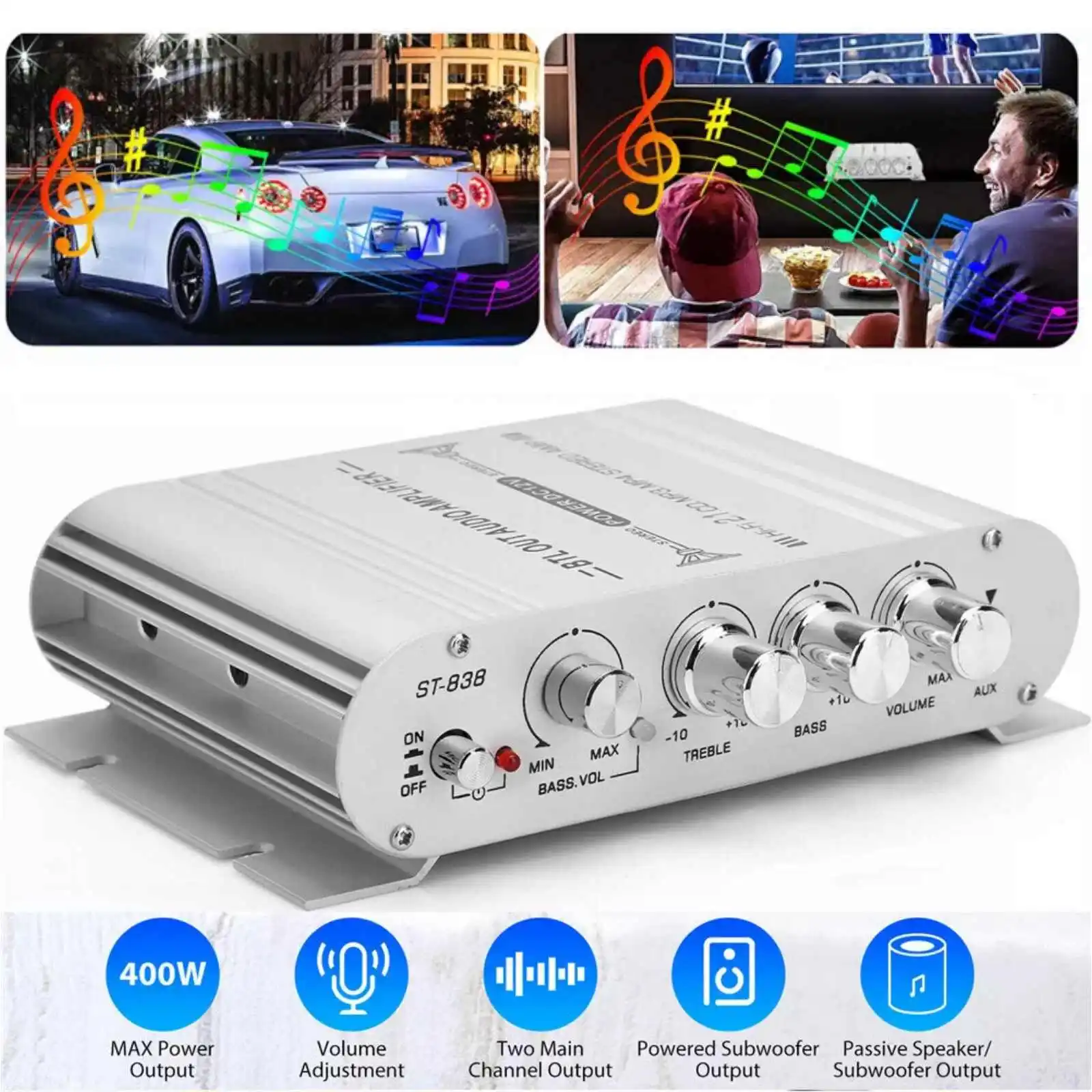 

ST-838 2.1 Channel HiFi Class D Power Amplifier 20W×2+40W RMS Stereo Audio Amp AUX/RCA Input for Car Home Boat Subwoofer Output