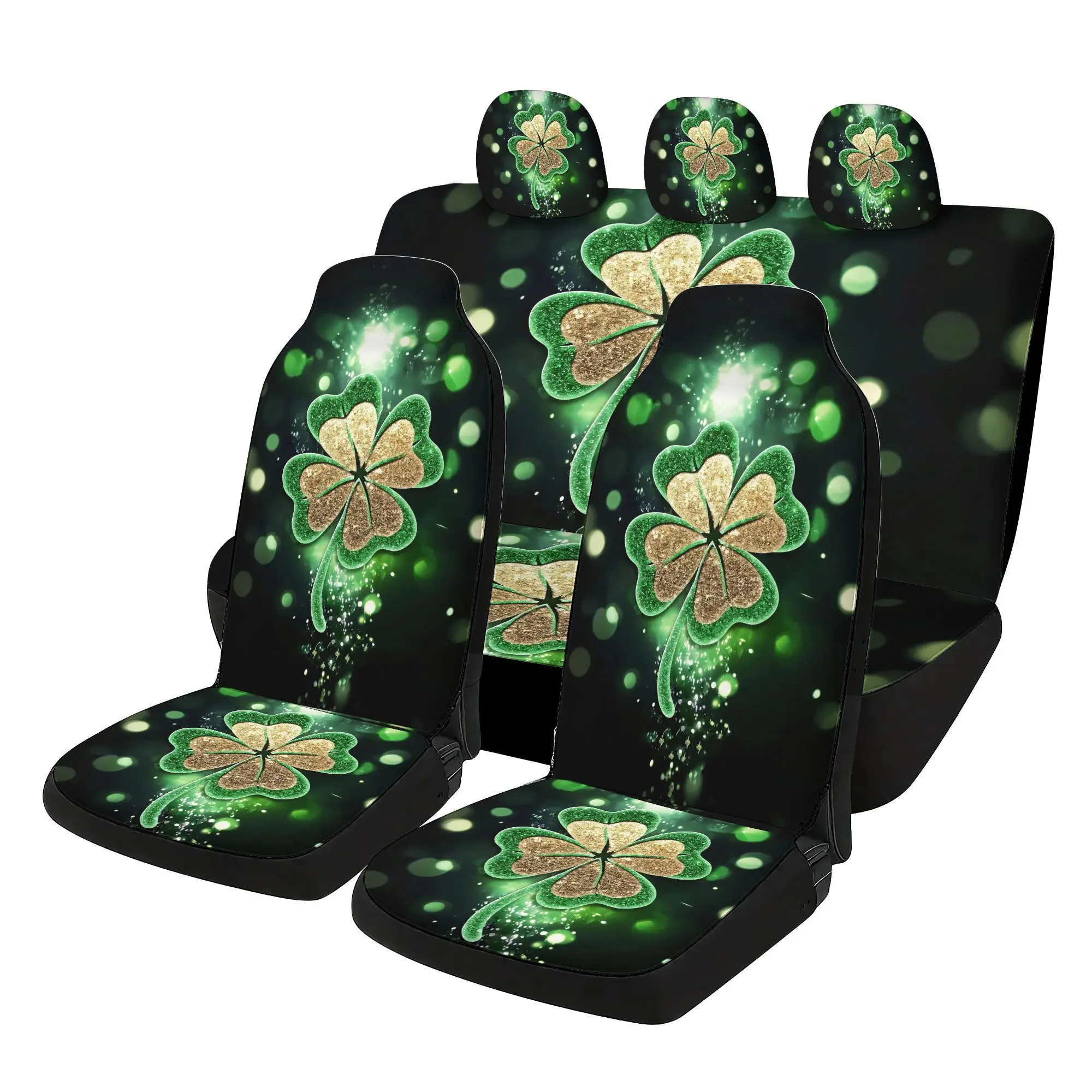 Four Leaf Clover Print Car  Covers Set - 7pcs, Including 2 Front  Covers + 1 Rear  Back Cover + 1Rear  Cover + 3