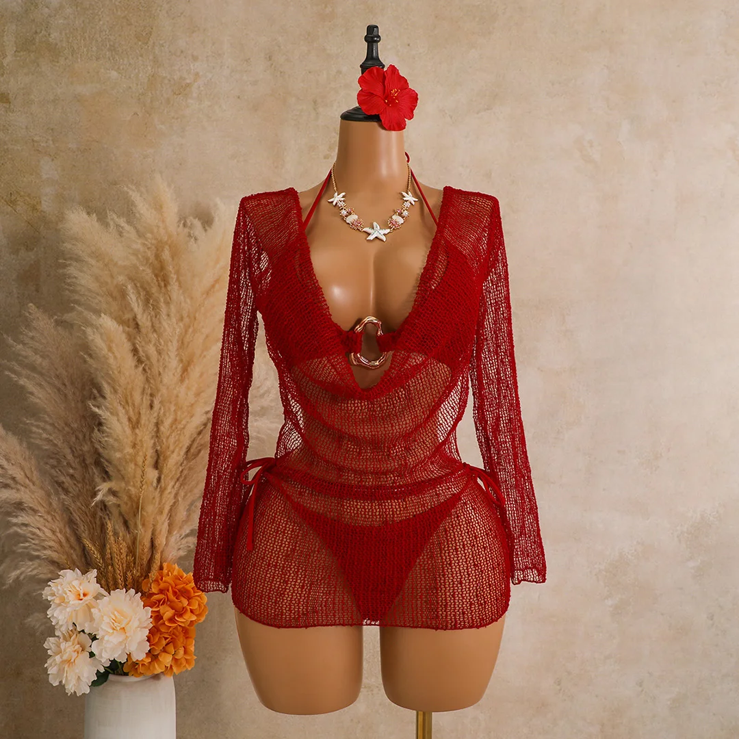 Sexy Neckholder-Bikini, Damen-Badeanzug, dreiteiliges Bikini-Set mit langärmeligem Kleid, Badeanzug, Badebekleidung, Schwimmanzug V7925C – Detail 11