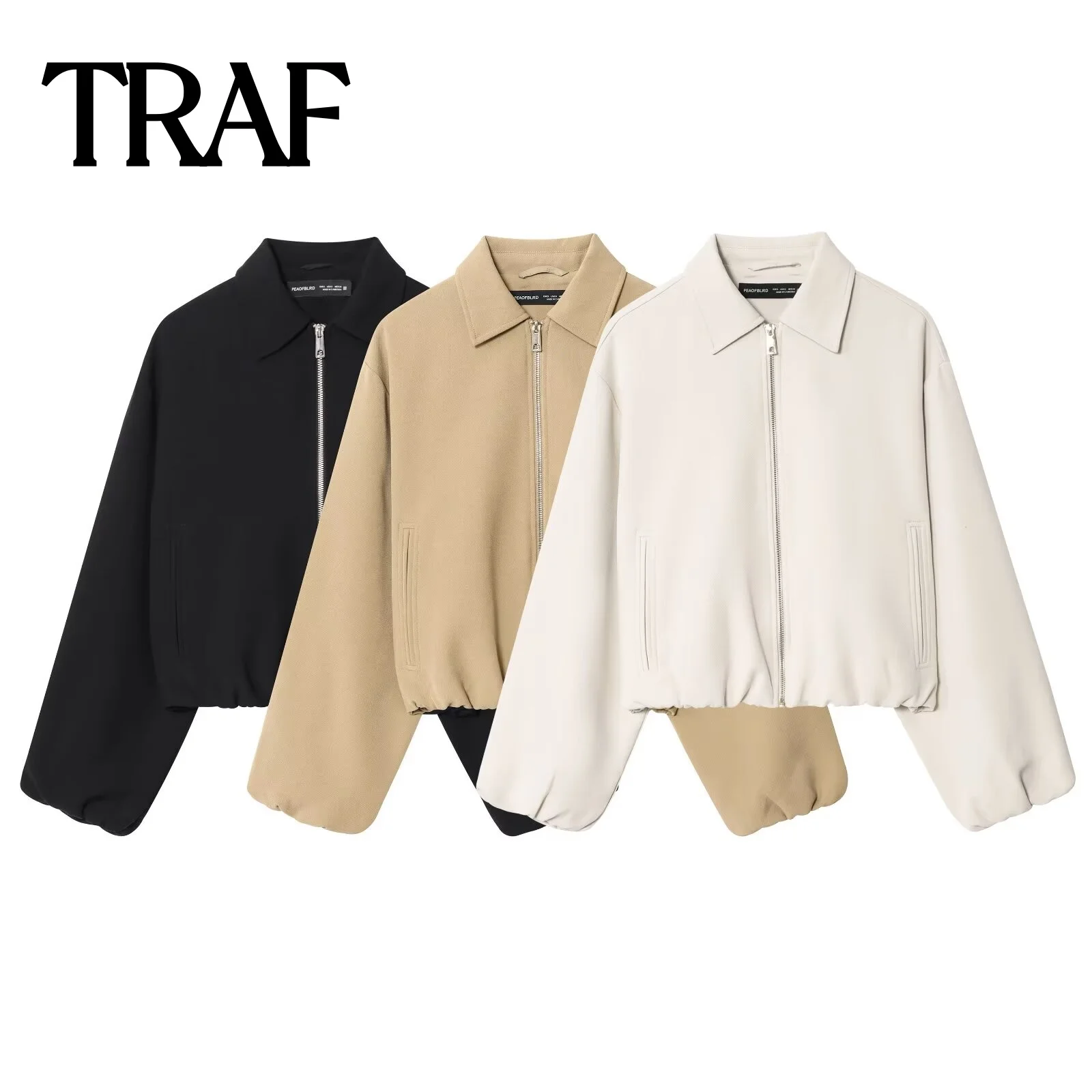 

TRAF women's autumn new 2025 solid color simple pocket waist cinched long sleeved lapel zipper puffy jacket