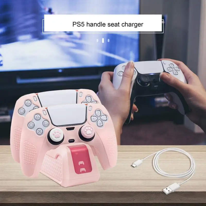 For PS5 Handle Seat Charger High Value Girl Powder Handle Bottom Seat Charger P5 Double Charging Fast Charging Seat