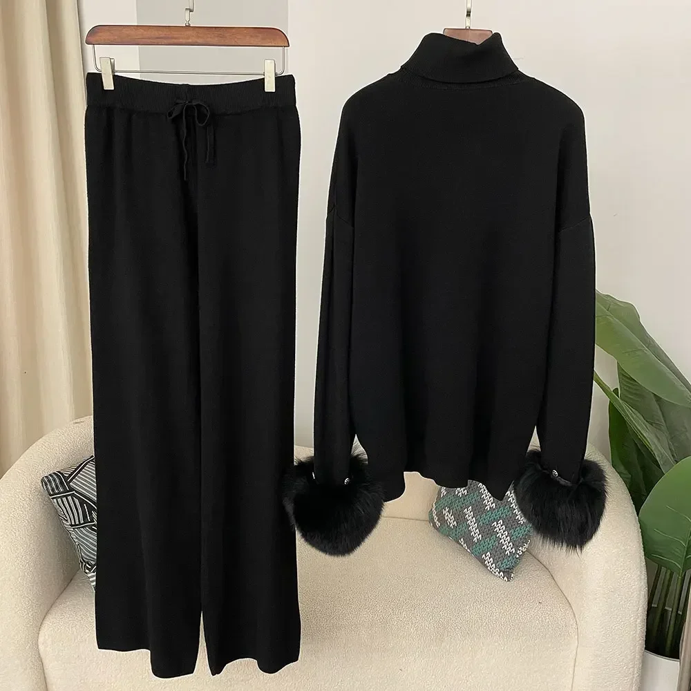 Thick Warm Natural Real Fox Fur Cuffs Coat 2024 New Fashion Autumn Winter Knitted Sweater Women Long Pants Set Jacket