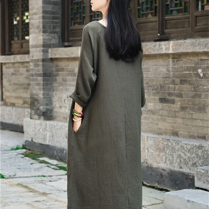 Spring Elegant long maxi Dress Autunm loose Casual long sleeve cotton linen Dress Bohemian Vestido Female Robe Roupas femininas