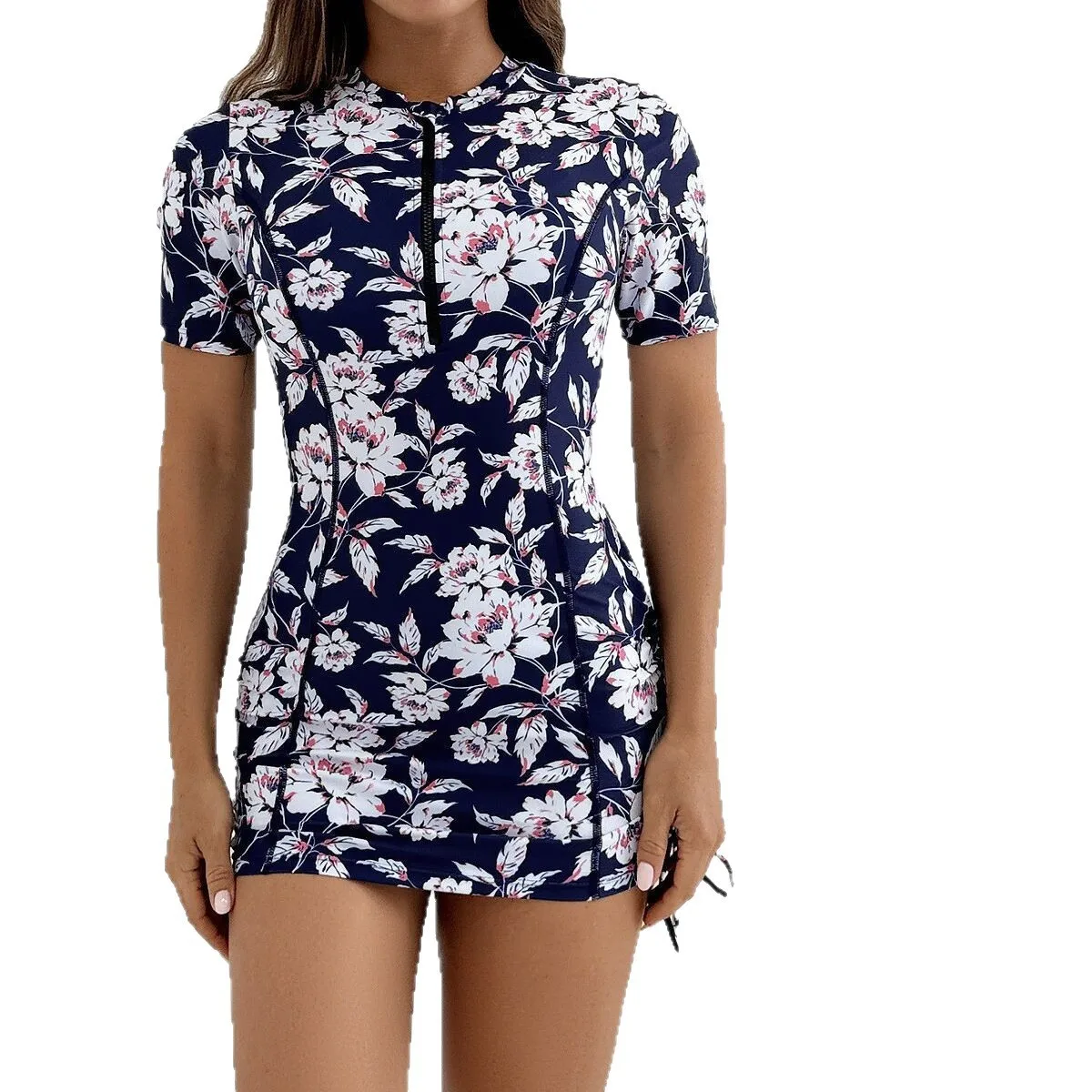 Woman Tankini Short Sleeve Swimwear Front Zipper Ruched Side Drawstring Waist High Neck Navy Blue White Floral Print Bathing
