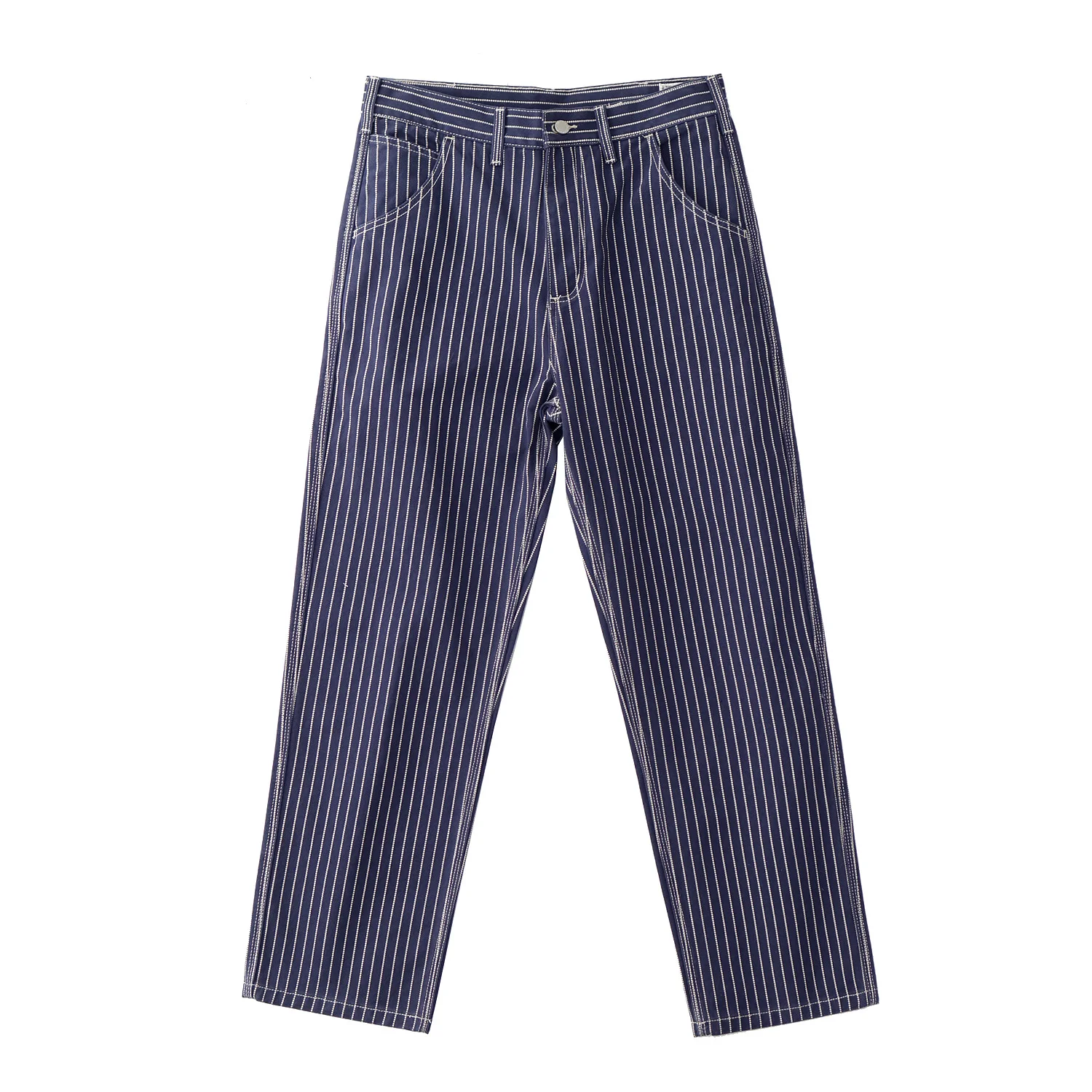 Discharge Striped Cargo Wide-leg Pants American Retro Heavy Primary Color Denim Casual Loose Straight Leg Jeans Men