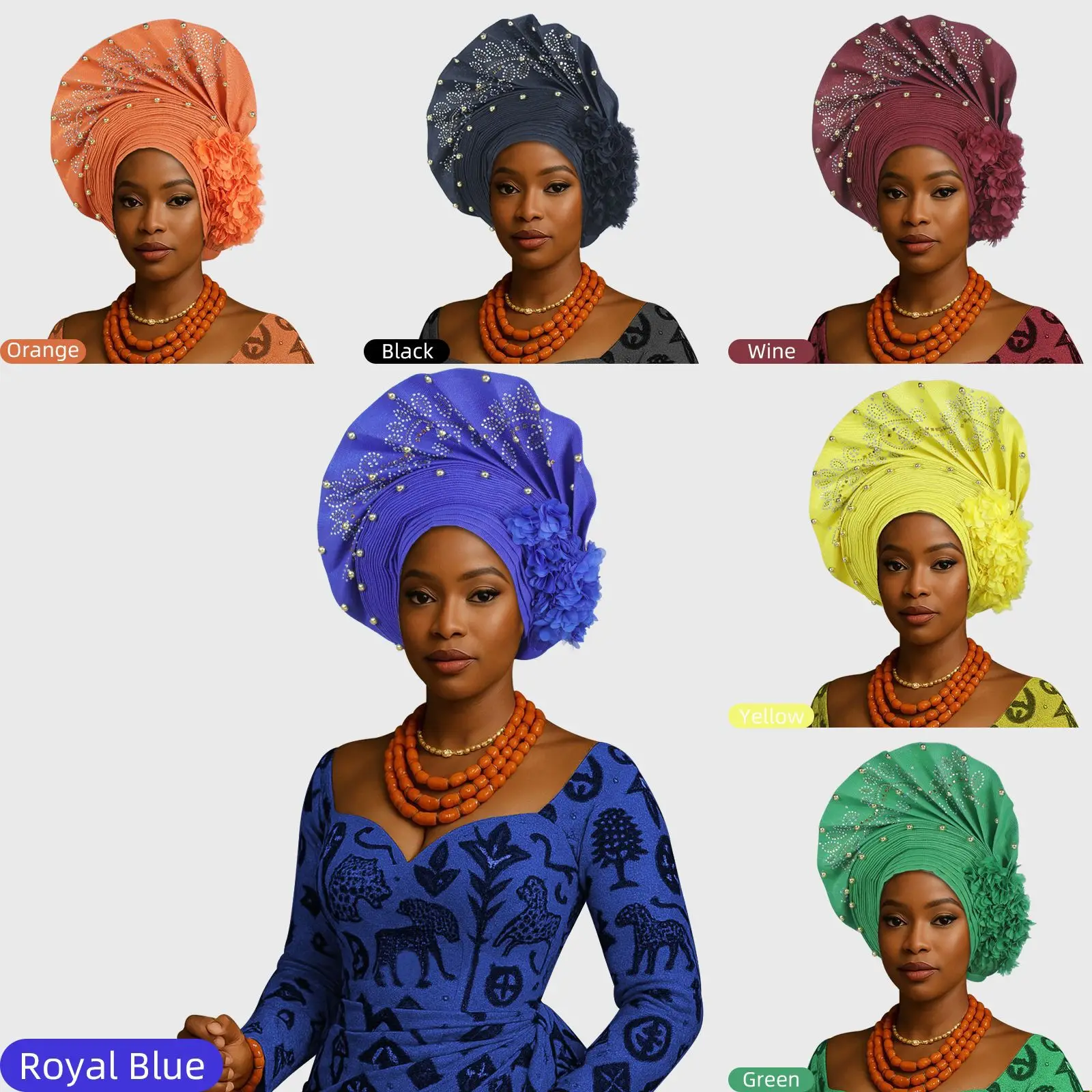 

Головной убор в нигерийском стиле Геле с блестящими каменными бусинами, готовый авто тюрбан, африканский гель Aso Ebi Aso Oke, головные уборы с широкими полями, головные уборы