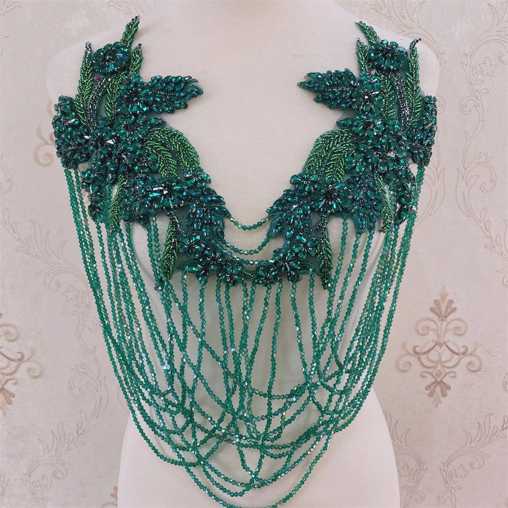 1PCS New front crystal Tassels wedding collar with rhinestone  beaded tassels  appliques neckline for clothes decoration