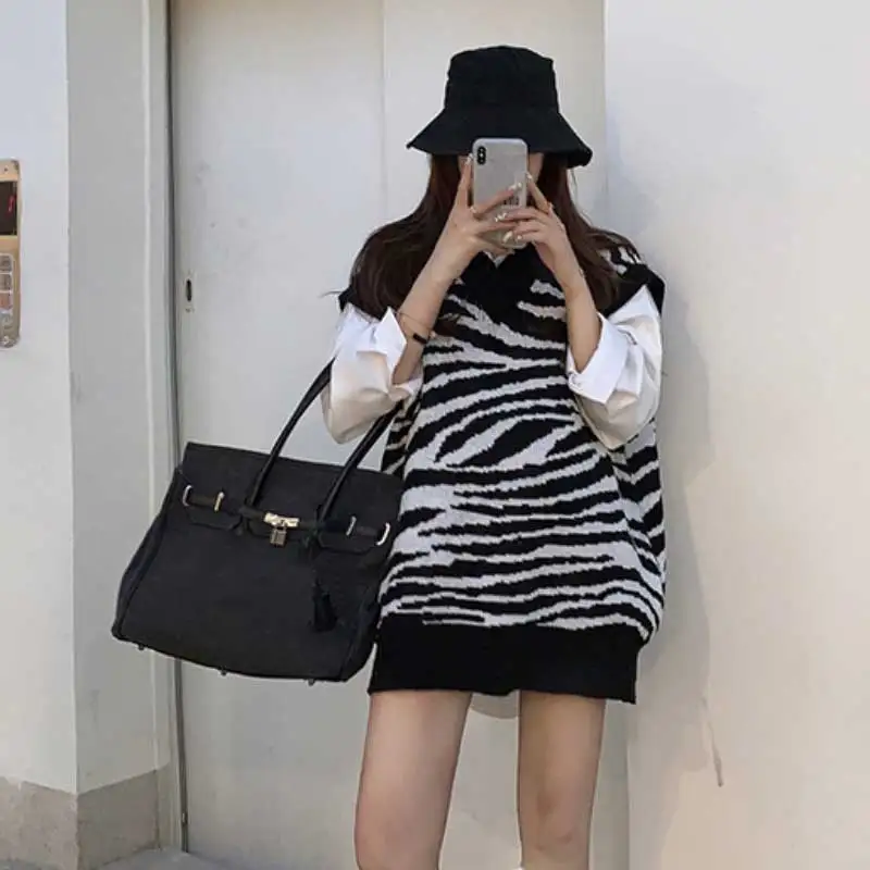 Zebra Striped Printed Vests Women Loose All-match Ulzzang New Outerwear Sweaters V-neck Knitwear College Fashion Casual Students