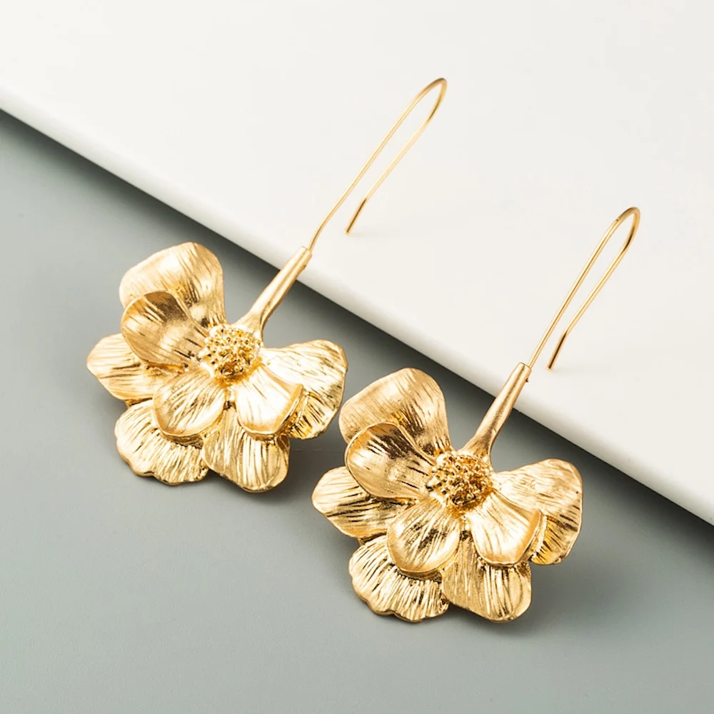 Gold Color Alloy Long Drop Earrings Simple Flower Earring For Women Fashion Jewelry Trendy Women\'s Earrings Accessories Gift