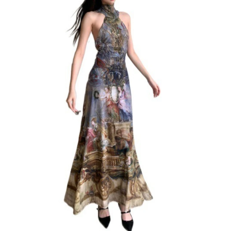 

2025 New Vintage Sleeveless Women Long Dressess Evening Party Retro Painting One Piece Dresses Backless Sexy Slim French Summer