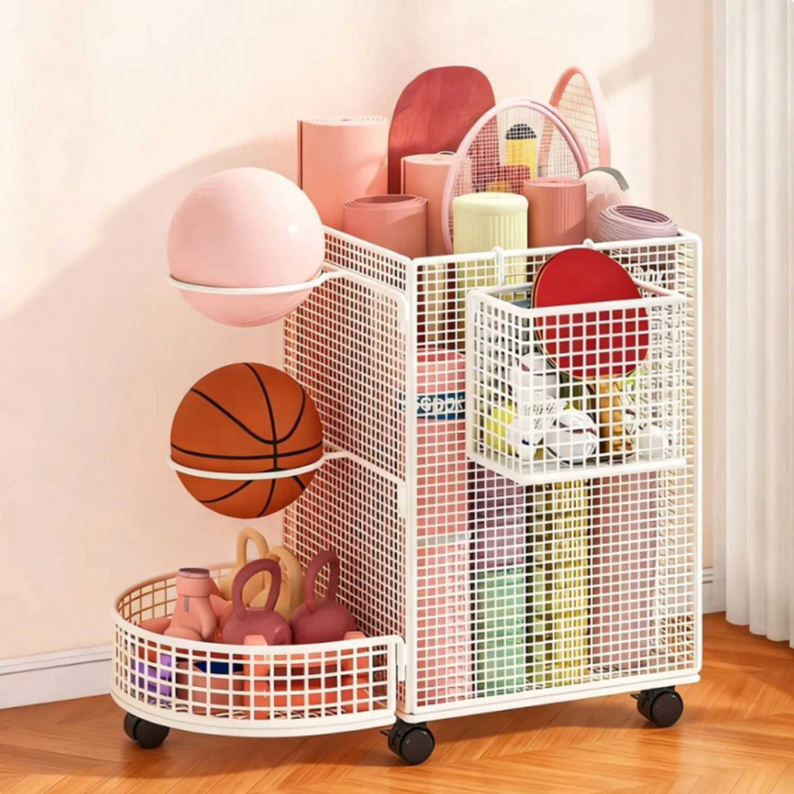 Iron Grid Sports Storage Rack with Caster Wheels Versatile Wheeled Sports Equipment Storage Rack Large Capacity Space-Saving