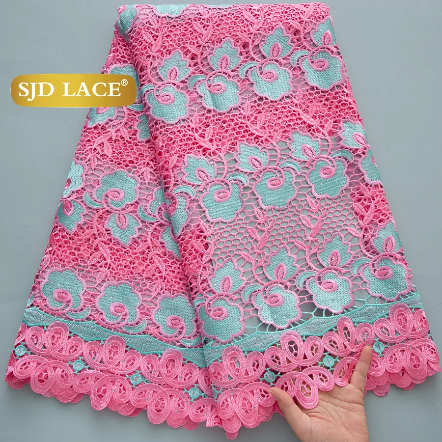 

SJD LACE African Cord Lace Fabric Latest Nigerian Water Soluble Stones Lace 5 Yards 2025 Sewing Women Party DIY Dresses 4556