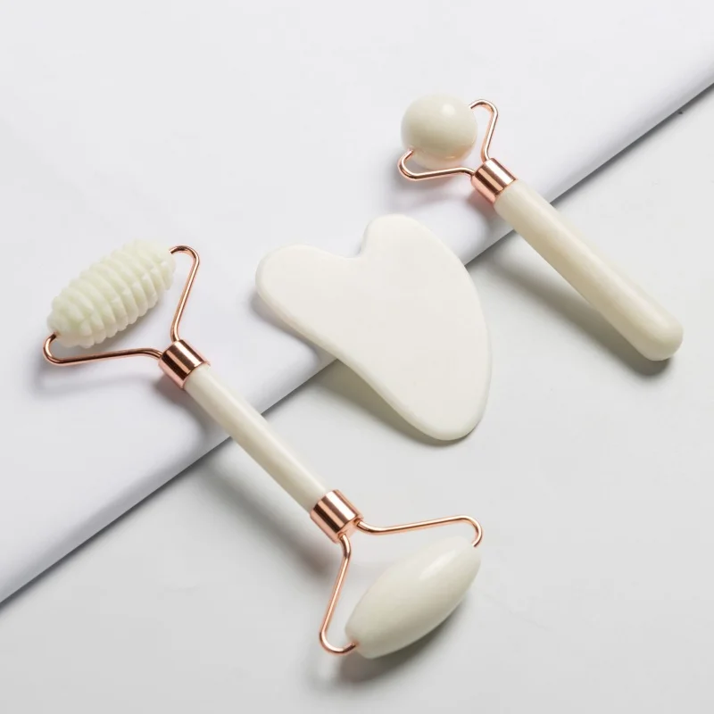 White Jade Roller Gua Sha 3Pcs Set, Large Ball & Spiky Double Head, Natural Stone Face Lifting Anti-Aging Massage Tool