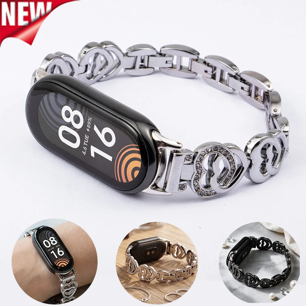 Slim Metal Strap for Xiaomi Mi Band 10 9 8 Fashion Women Bling Band Love Wristband for Mi Band 10/9/8 Adjustable Bracelet
